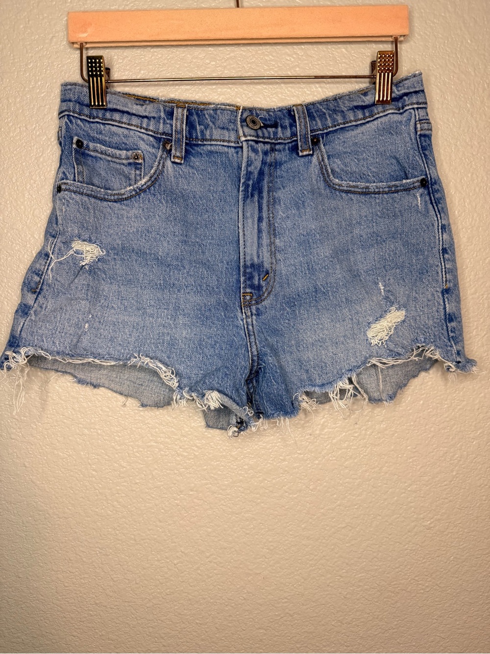 Abercrombie & Fitch the Mom Short High-Rise Distressed Denim Shorts - Light Blue